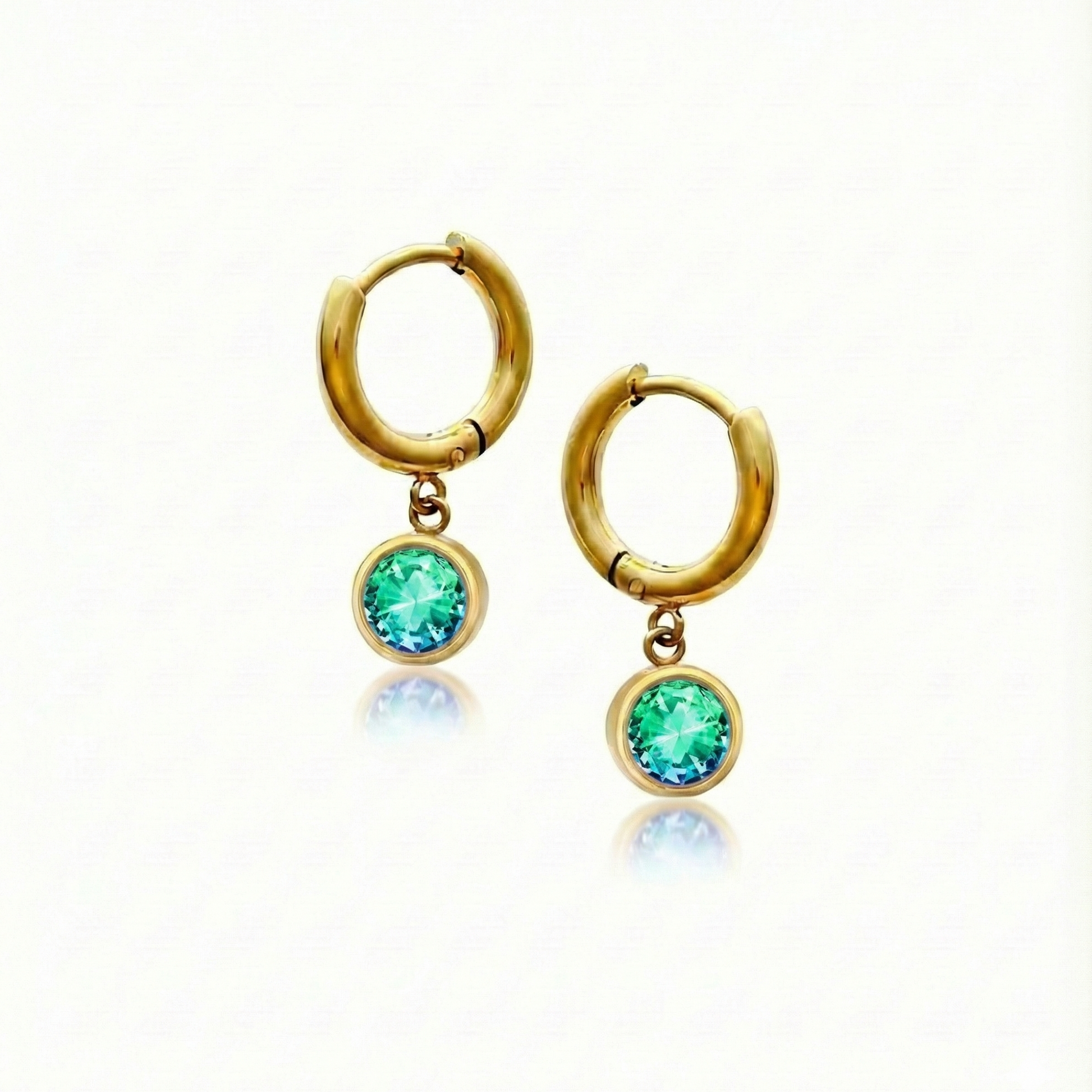 Lunar Hoop Earrings, these earrings feature dainty 5mm green stone circles with 18k gold stainless steel.