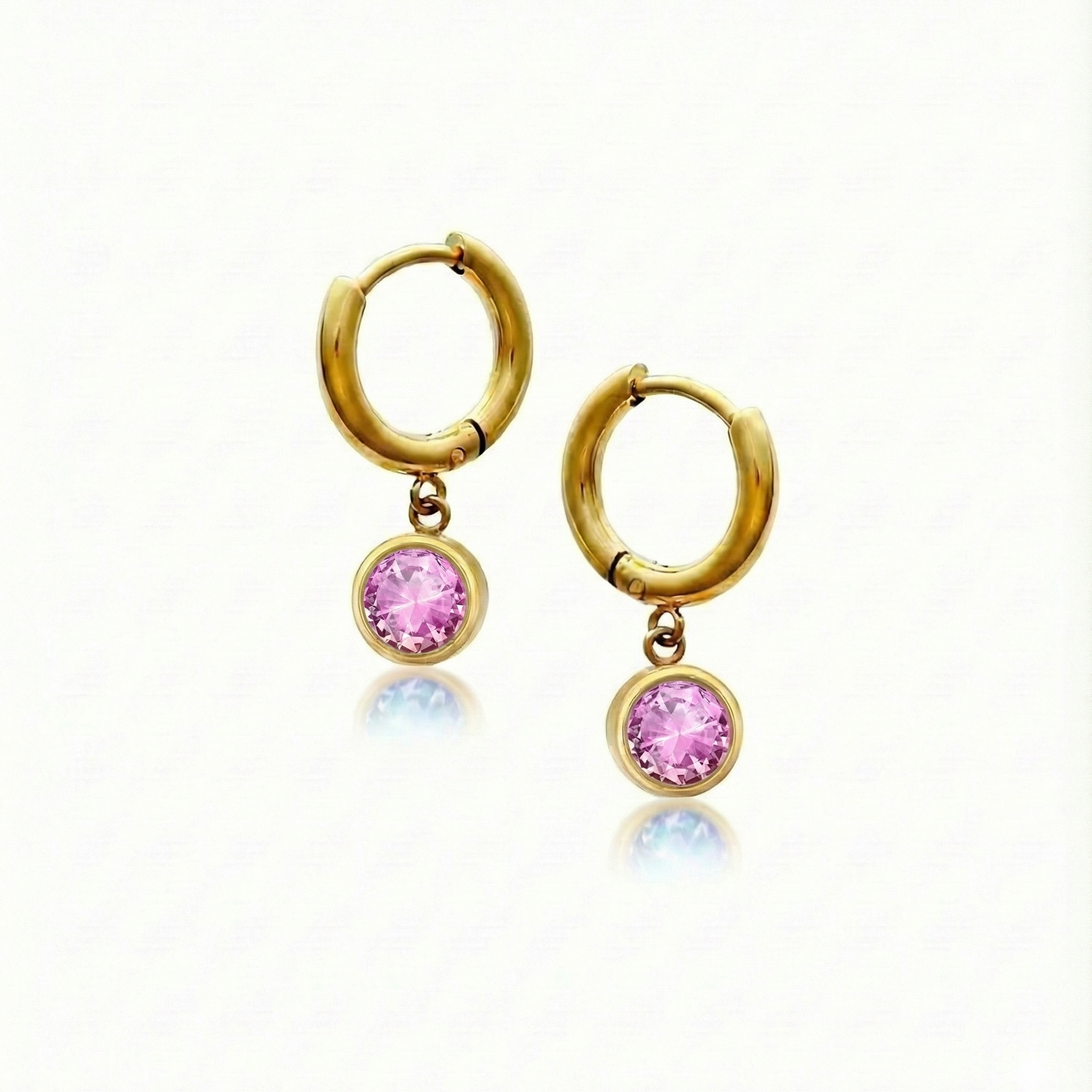 Lunar Hoop Earrings, these earrings feature dainty 5mm pink stone circles with 18k gold stainless steel.
