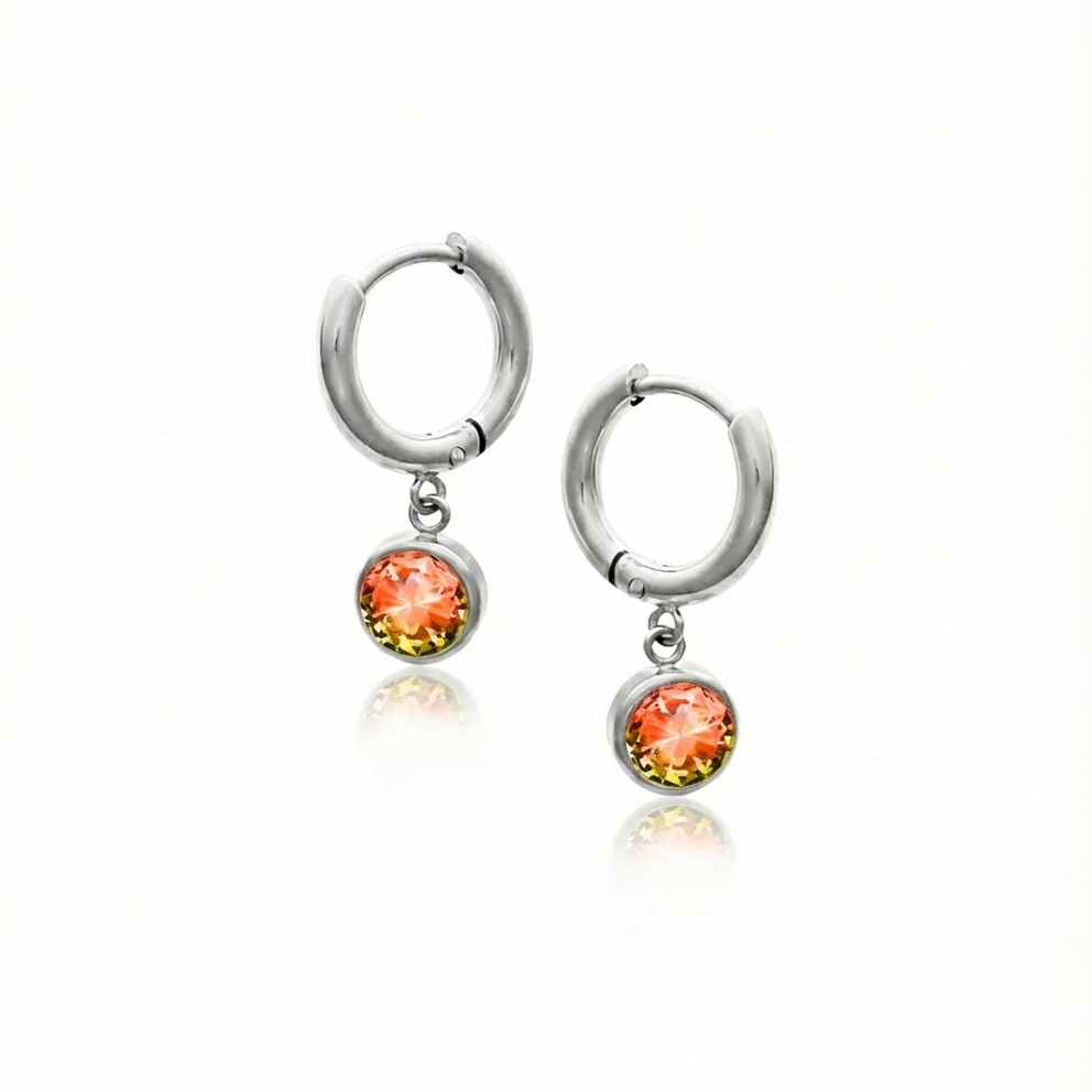 Lunar Hoop Earrings, these earrings feature dainty 5mm fire stone circles with silver stainless.