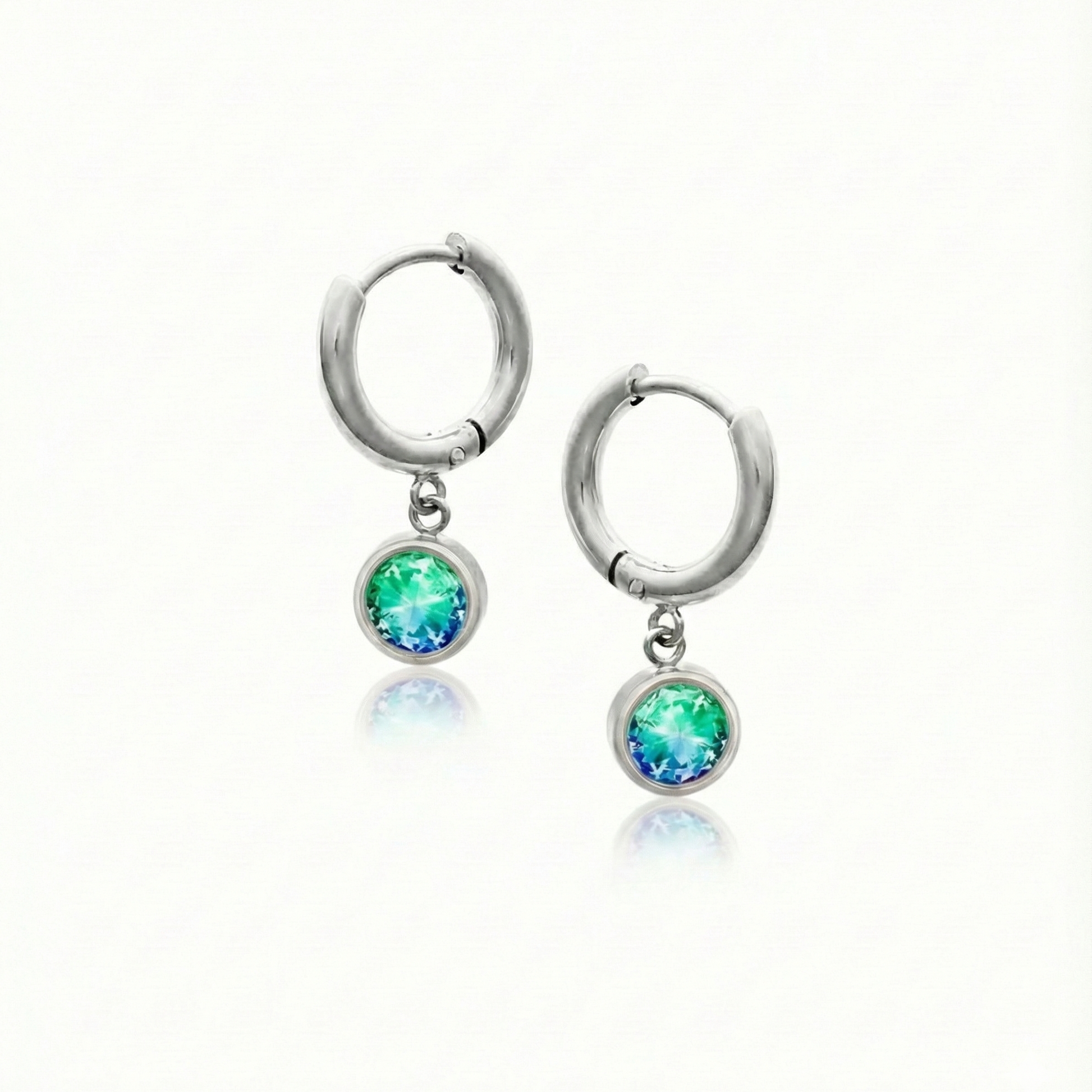 Lunar Hoop Earrings, these earrings feature dainty 5mm green stone circles with silver stainless.