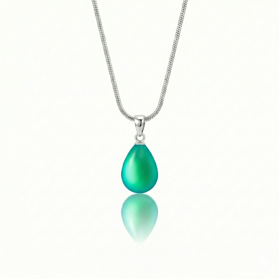 Medium Drop Pendant is a beautiful, simple, and elegant piece that includes an 18" sterling silver 1mm snake chain with the frosted green pendant.