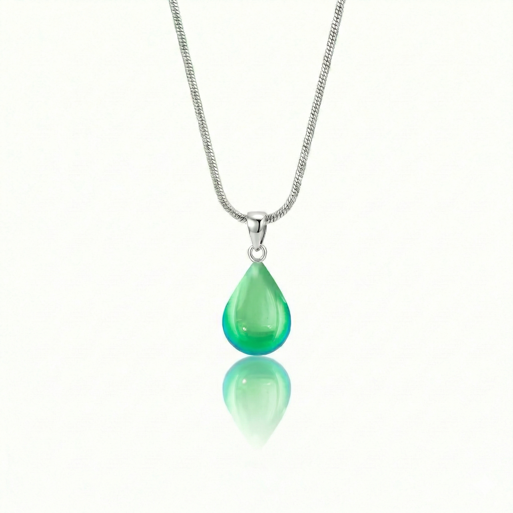Medium Drop Pendant is a beautiful, simple, and elegant piece that includes an 18" sterling silver 1mm snake chain with the polished green pendant.