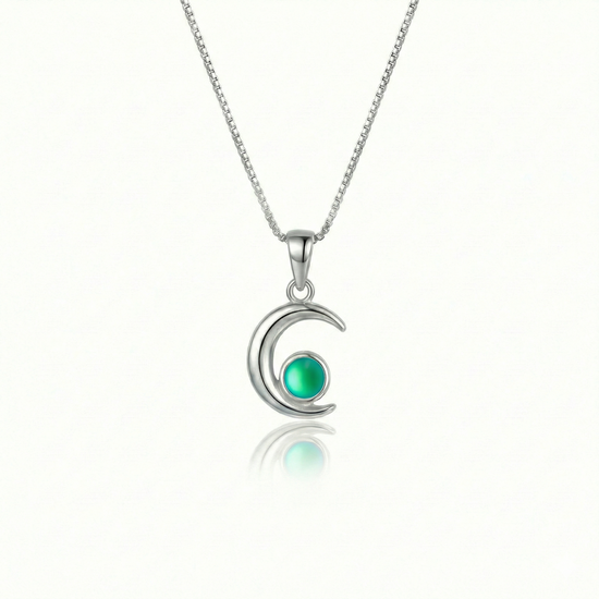 Moon Pendant crafted from high-quality materials, comes with an 18" sterling silver  chain and 5mm frosted green stone.