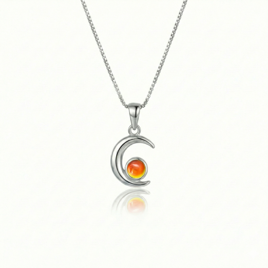 Moon Pendant crafted from high-quality materials, comes with an 18" sterling silver  chain and 5mm polished fire stone.