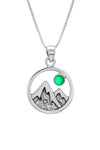 Mountain Pendant featuring a beautiful depiction of mountains under the moon or sun, this pendant captures the serene beauty of nature. The frosted green pendant includes an 18" sterling silver .7mm box chain.