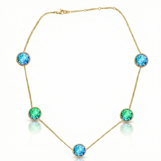 Multi Stone features 9mm multi-colored stones set in a reversible design with an adjustable 16"-18" 18K gold stainless steel chain, 9mm round blue and green stones.