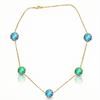 Multi Stone features 9mm multi-colored stones set in a reversible design with an adjustable 16"-18" 18K gold stainless steel chain, 9mm round blue and green stones.