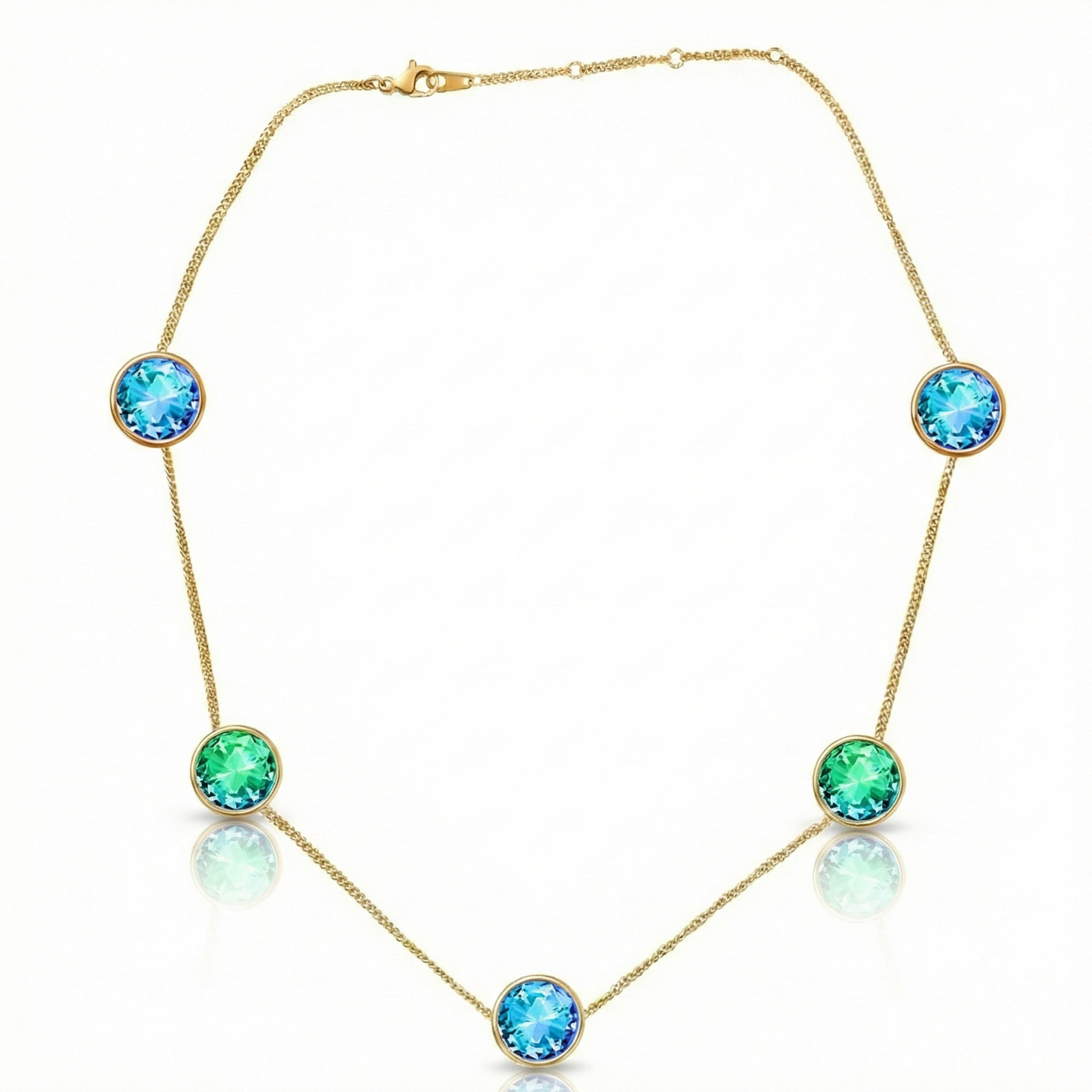 Multi Stone features 9mm multi-colored stones set in a reversible design with an adjustable 16"-18" 18K gold stainless steel chain, 9mm round blue and green stones.