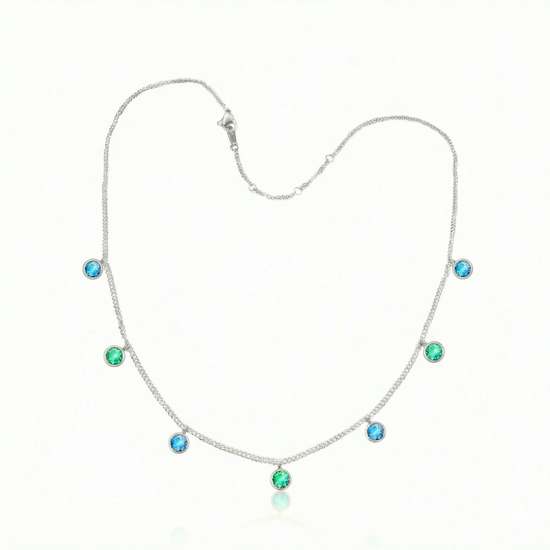 Multi Stone Necklace featuring radiant 5mm blue/green stones arranged in a harmonious multi-stone composition. The adjustable 16-18" stainless silver chain provides flexibility to suit your preferred drape and neckline. Crafted for those who appreciate quality materials and thoughtful design. 