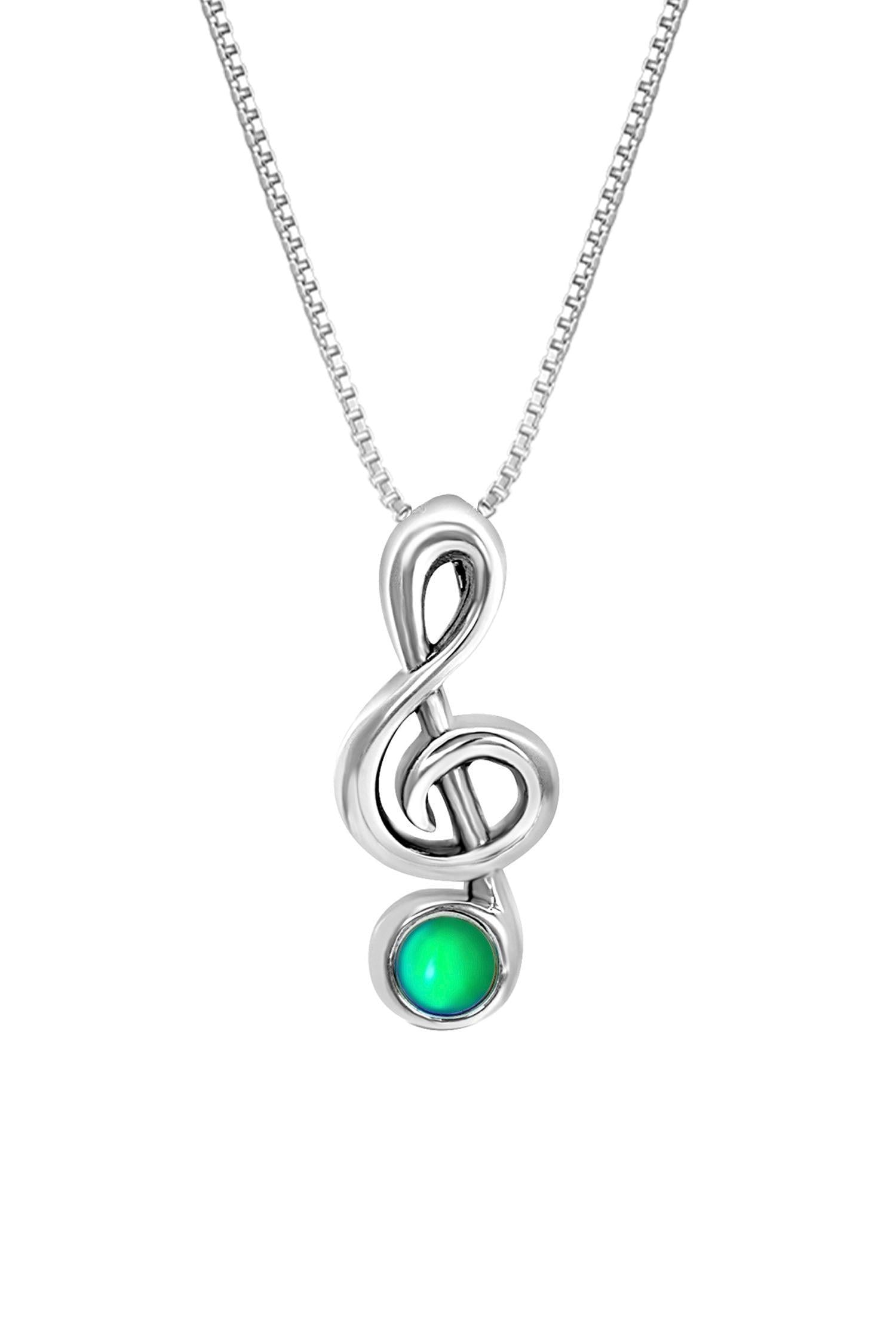 Musical Note Pendant is perfect for musicians and music enthusiasts alike.  The stunning polished green crystal at the bottom of the pendant adds a captivating accent to the elegant scroll design. The pendant comes with an 18" sterling silver 1mm cable chain included.