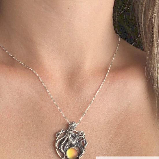 Octopus Pendant, this charming pendant holds a beautiful frosted fire gem. It comes with an 18" sterling silver .7mm box chain included, making it ready to wear.