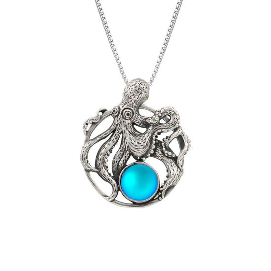 Octopus Pendant, this charming pendant holds a beautiful frosted aqua gem. It comes with an 18" sterling silver .7mm box chain included, making it ready to wear.