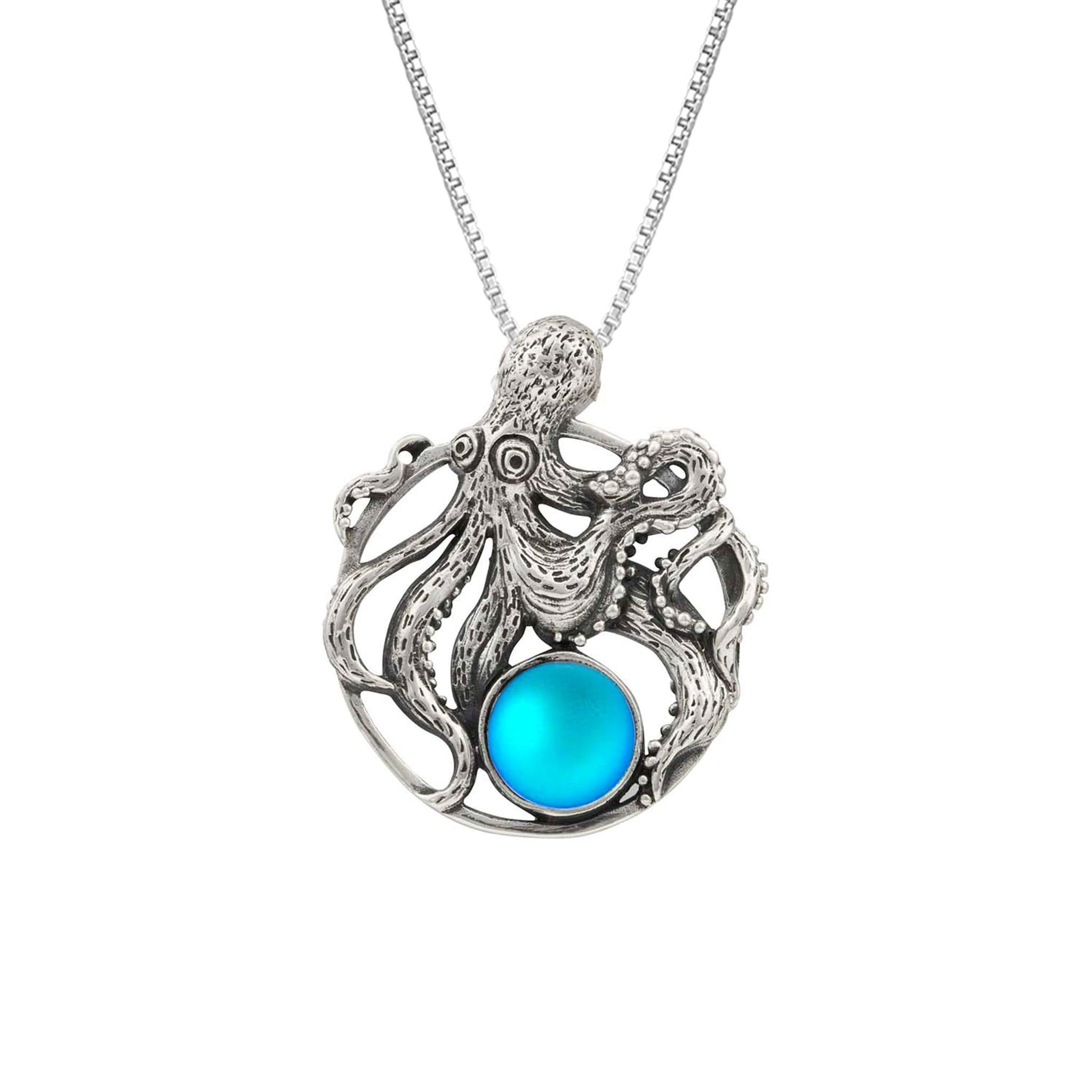 Octopus Pendant, this charming pendant holds a beautiful frosted aqua gem. It comes with an 18" sterling silver .7mm box chain included, making it ready to wear.