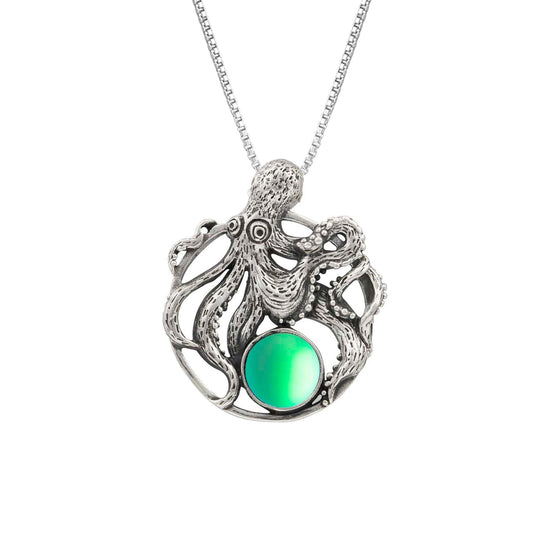 Octopus Pendant, this charming pendant holds a beautiful frosted green gem. It comes with an 18" sterling silver .7mm box chain included, making it ready to wear.