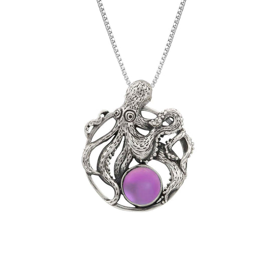 Octopus Pendant, this charming pendant holds a beautiful frosted pink gem. It comes with an 18" sterling silver .7mm box chain included, making it ready to wear.