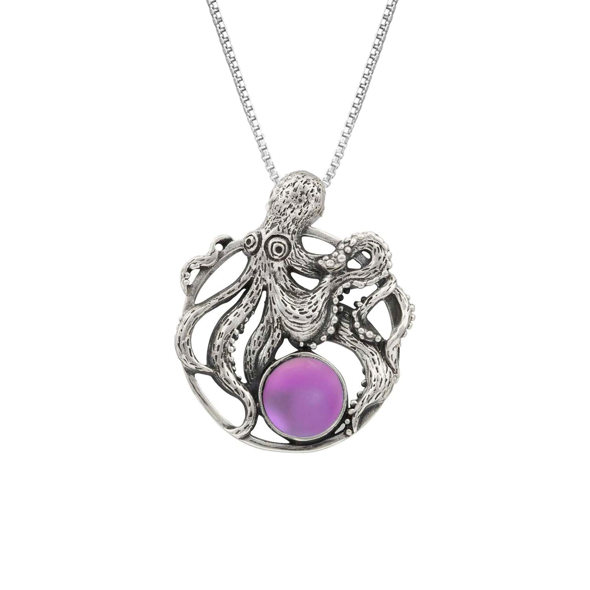 Octopus Pendant, this charming pendant holds a beautiful frosted pink gem. It comes with an 18" sterling silver .7mm box chain included, making it ready to wear.
