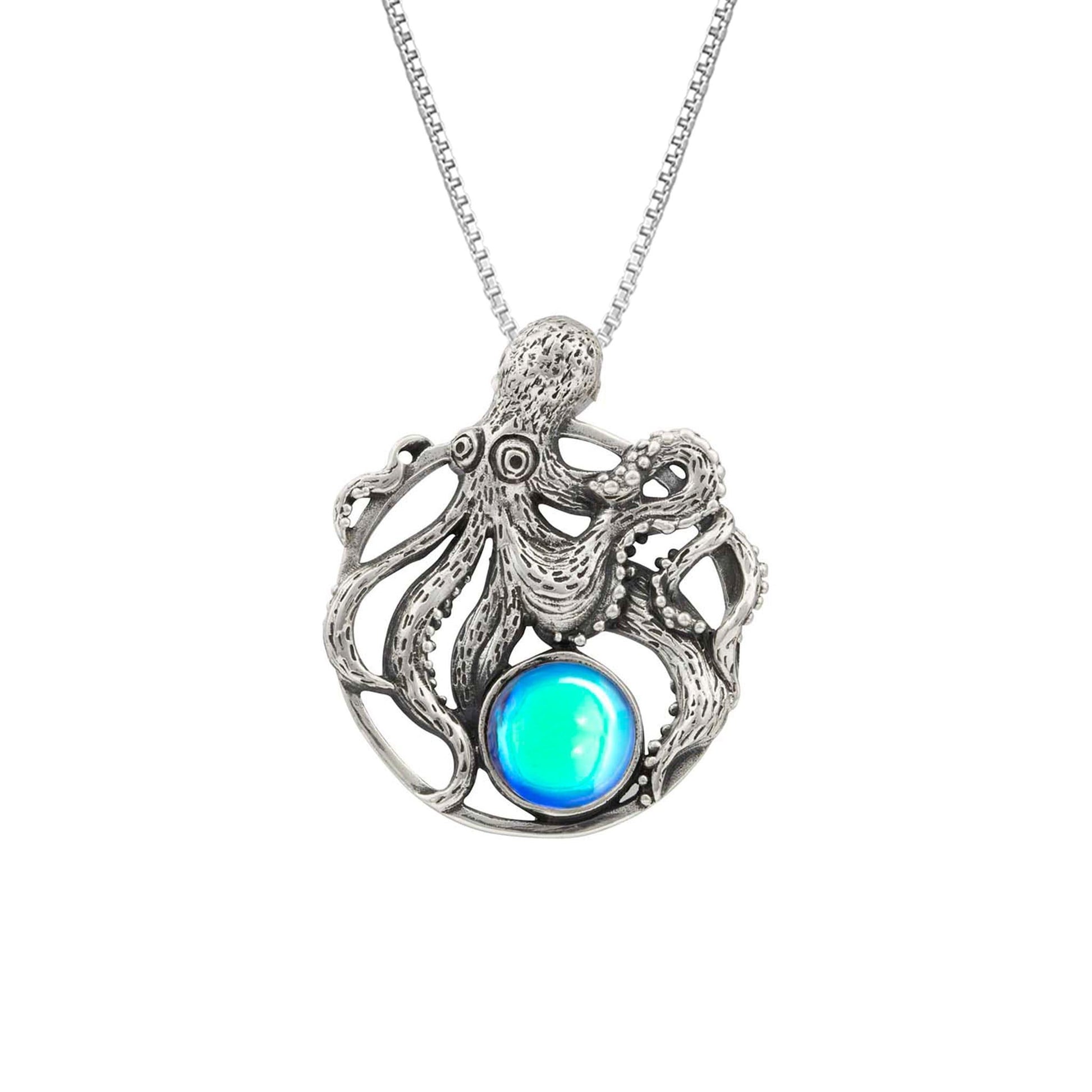 Octopus Pendant, this charming pendant holds a beautiful polished blue gem. It comes with an 18" sterling silver .7mm box chain included, making it ready to wear.