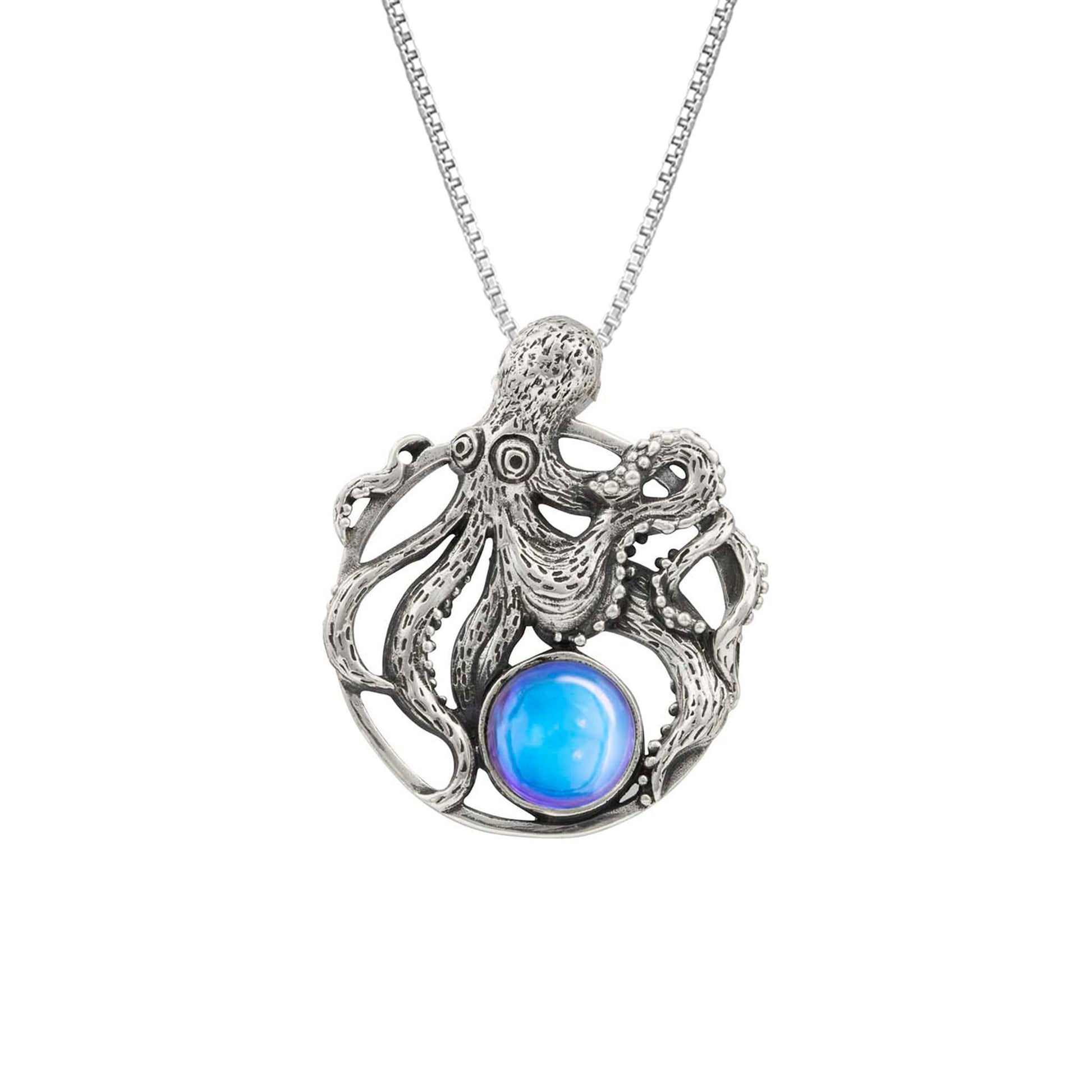 Octopus Pendant, this charming pendant holds a beautiful polished blue gem. It comes with an 18" sterling silver .7mm box chain included, making it ready to wear.