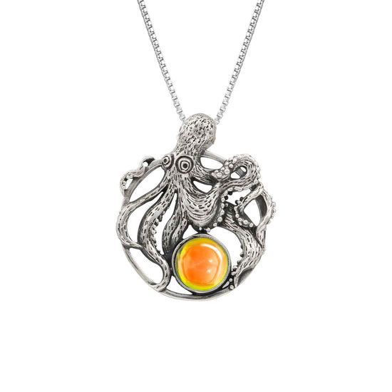 Octopus Pendant, this charming pendant holds a beautiful polished fire gem. It comes with an 18" sterling silver .7mm box chain included, making it ready to wear.