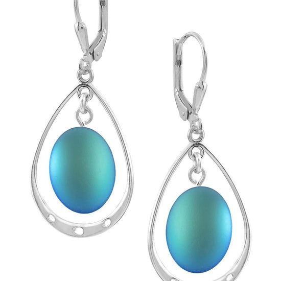 Oval with Loop Earrings featuring oval frosted aqua crystals elegantly accented with sterling silver loops. The earrings come equipped with secure lever backs for a comfortable fit.