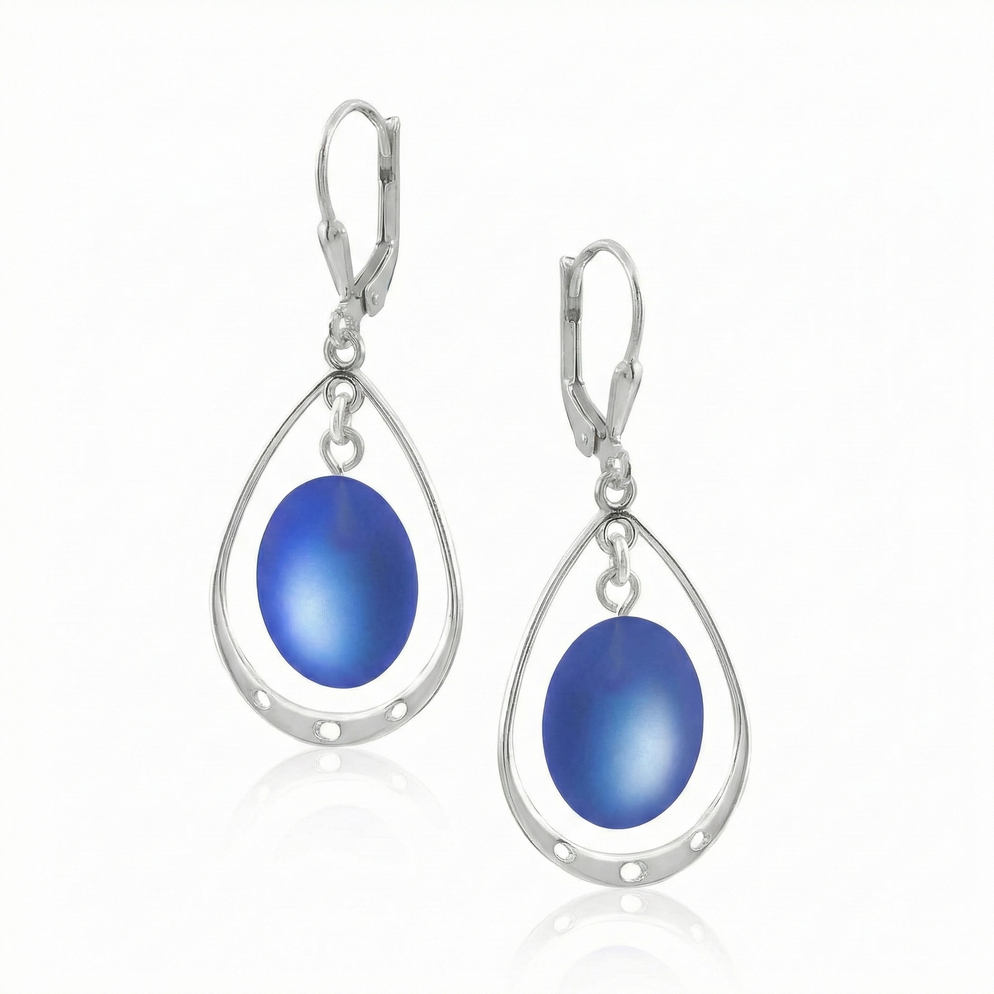 Oval with Loop Earrings featuring oval frosted blue crystals elegantly accented with sterling silver loops and come equipped with secure lever backs for a comfortable fit. 
