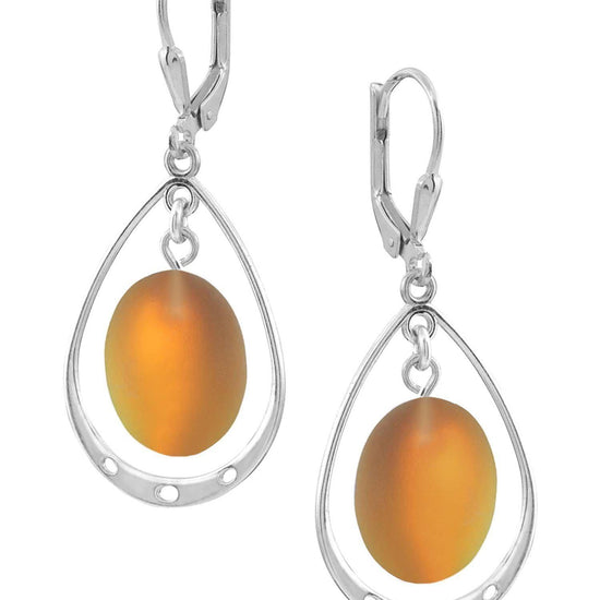 Oval with Loop Earrings featuring oval frosted fire crystals elegantly accented with sterling silver loops. The earrings come equipped with secure lever backs for a comfortable fit.