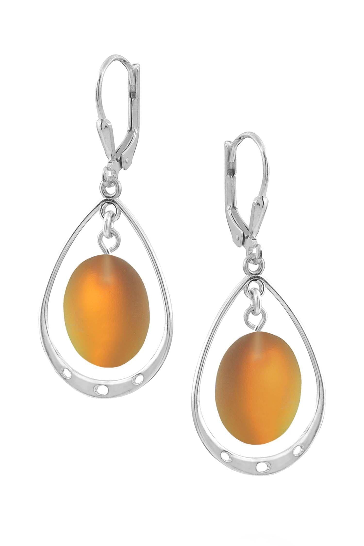 Oval with Loop Earrings featuring oval frosted fire crystals elegantly accented with sterling silver loops. The earrings come equipped with secure lever backs for a comfortable fit.