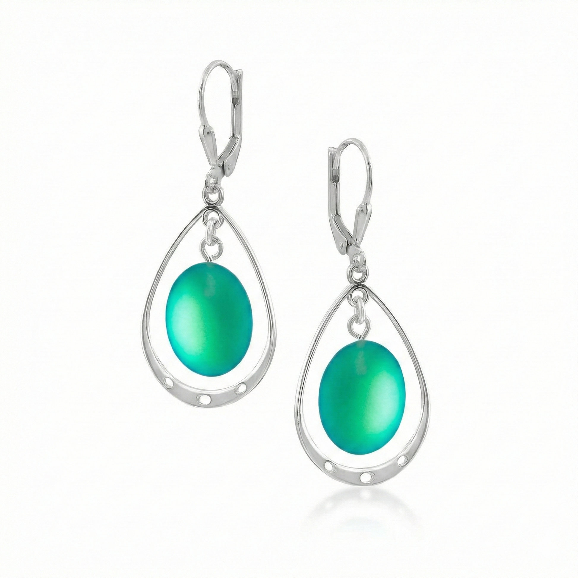 Oval with Loop Earrings featuring oval frosted green crystals elegantly accented with sterling silver loops and come equipped with secure lever backs for a comfortable fit. 