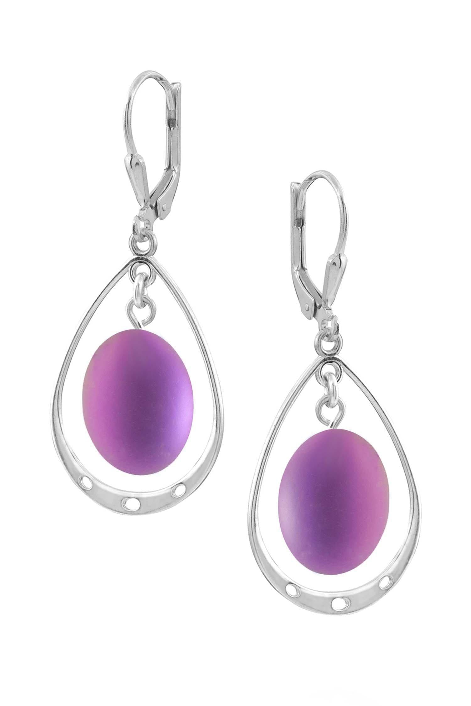 Oval with Loop Earrings featuring oval frosted pink crystals elegantly accented with sterling silver loops. The earrings come equipped with secure lever backs for a comfortable fit.