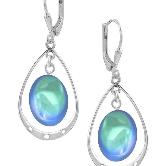 Oval with Loop Earrings featuring oval polished aqua crystals elegantly accented with sterling silver loops. The earrings come equipped with secure lever backs for a comfortable fit.