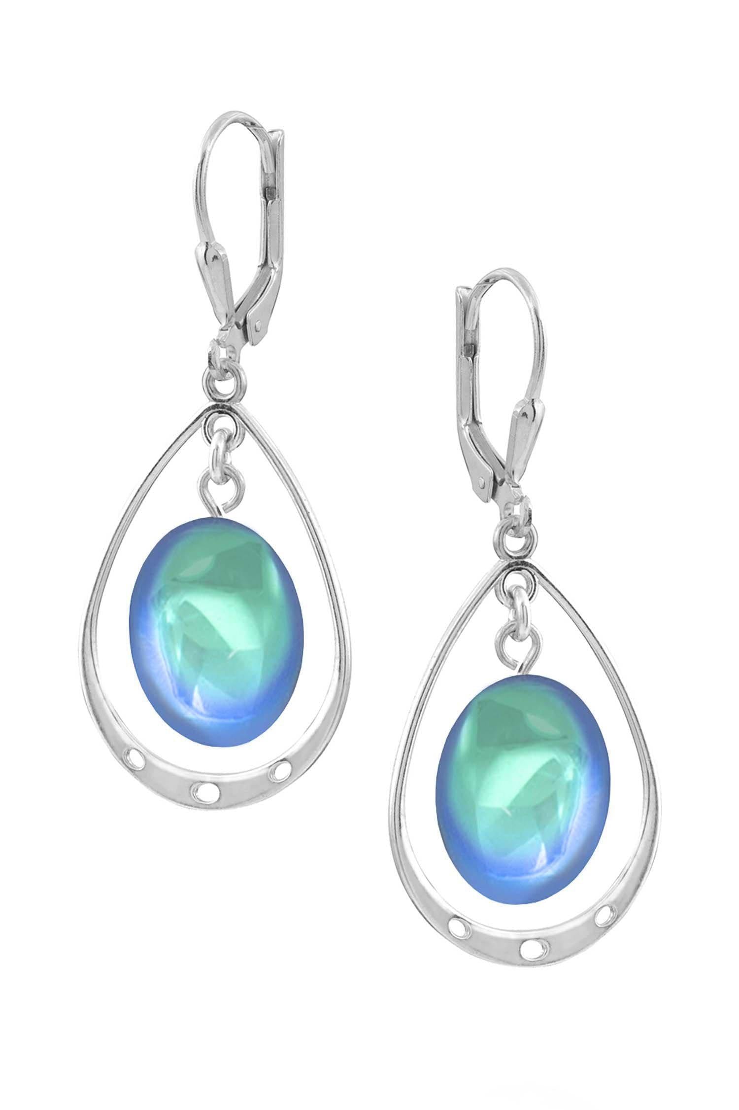 Oval with Loop Earrings featuring oval polished aqua crystals elegantly accented with sterling silver loops. The earrings come equipped with secure lever backs for a comfortable fit.