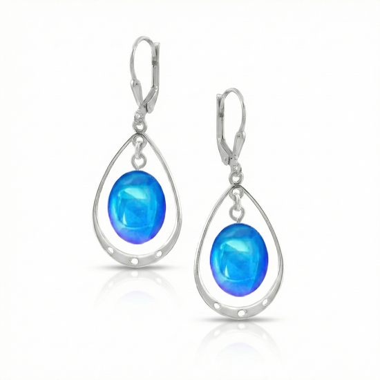 Oval with Loop Earrings featuring oval polished blue crystals elegantly accented with sterling silver loops and come equipped with secure lever backs for a comfortable fit. 