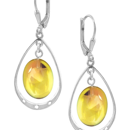 Oval with Loop Earrings featuring oval polished fire crystals elegantly accented with sterling silver loops. The earrings come equipped with secure lever backs for a comfortable fit.