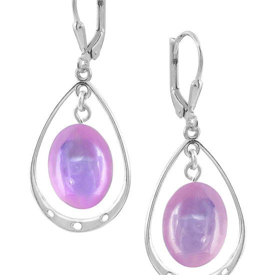 Oval with Loop Earrings featuring oval polished pink crystals elegantly accented with sterling silver loops. The earrings come equipped with secure lever backs for a comfortable fit.