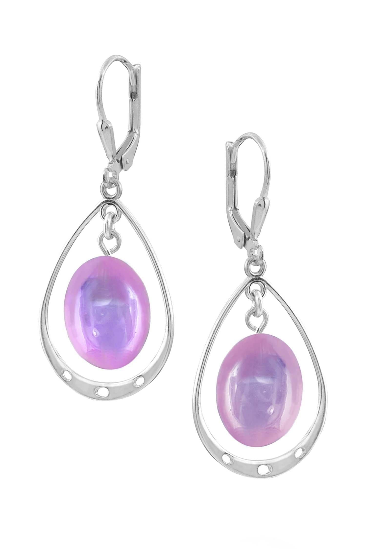 Oval with Loop Earrings featuring oval polished pink crystals elegantly accented with sterling silver loops. The earrings come equipped with secure lever backs for a comfortable fit.