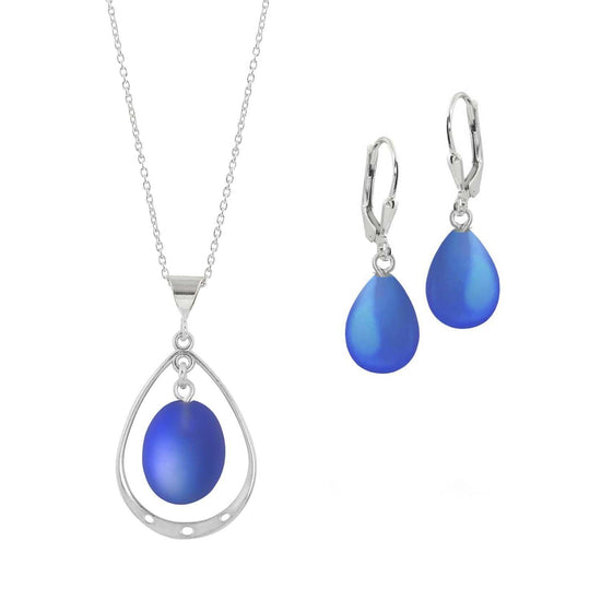 Oval with Loop Pendant and matching Drop Earrings. Each piece is crafted with high-quality sterling silver components. Includes an 18" sterling silver 1mm cable chain & with the frosted blue pendant.