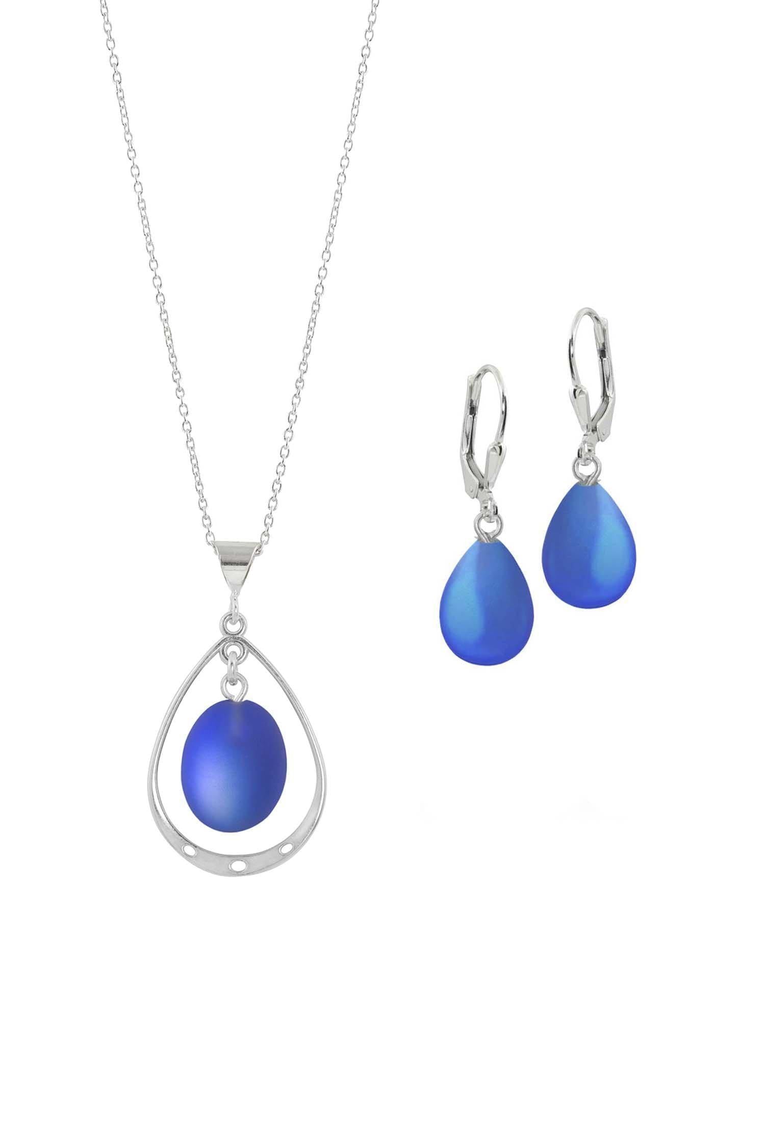 Oval with Loop Pendant and matching Drop Earrings. Each piece is crafted with high-quality sterling silver components. Includes an 18" sterling silver 1mm cable chain & with the frosted blue pendant.