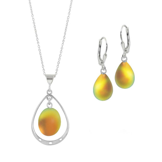 Oval with Loop Pendant and matching Drop Earrings. Each piece is crafted with high-quality sterling silver components. Includes an 18" sterling silver 1mm cable chain & with the frosted fire pendant.