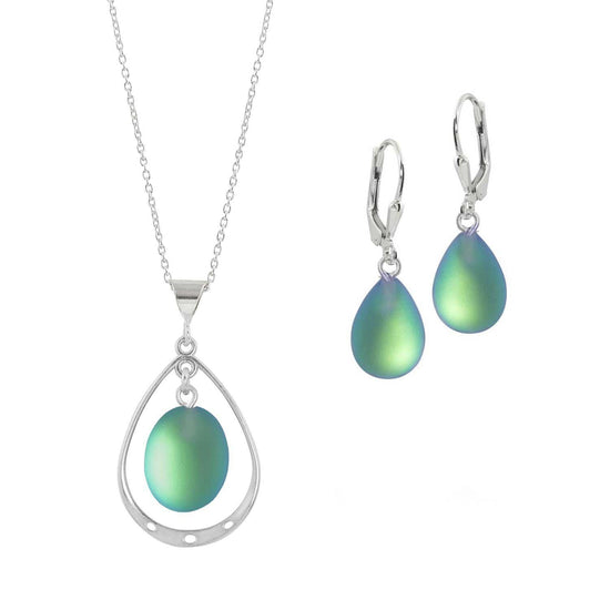 Oval with Loop Pendant and matching Drop Earrings. Each piece is crafted with high-quality sterling silver components. Includes an 18" sterling silver 1mm cable chain & with the frosted green pendant.