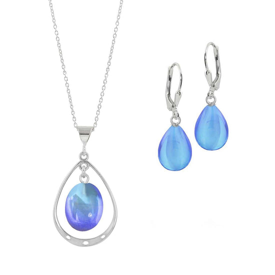 Oval with Loop Pendant and matching Drop Earrings. Each piece is crafted with high-quality sterling silver components. Includes an 18" sterling silver 1mm cable chain & with the polished blue pendant.