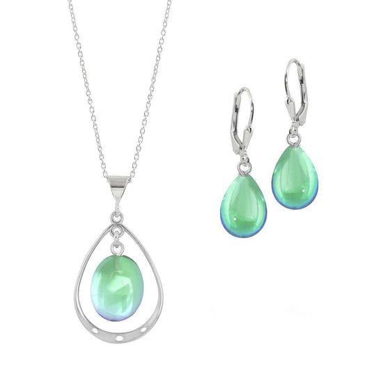 Oval with Loop Pendant and matching Drop Earrings. Each piece is crafted with high-quality sterling silver components. Includes an 18" sterling silver 1mm cable chain & with the polished green pendant.