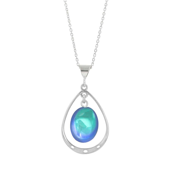 Oval with Loop Pendant handmade pendant pairs beautifully with any outfit, and you’ll love how the  polished aqua crystal oval shines with an iridescent glow of color from within. The pendant comes with an 18" sterling silver .7mm box chain included.