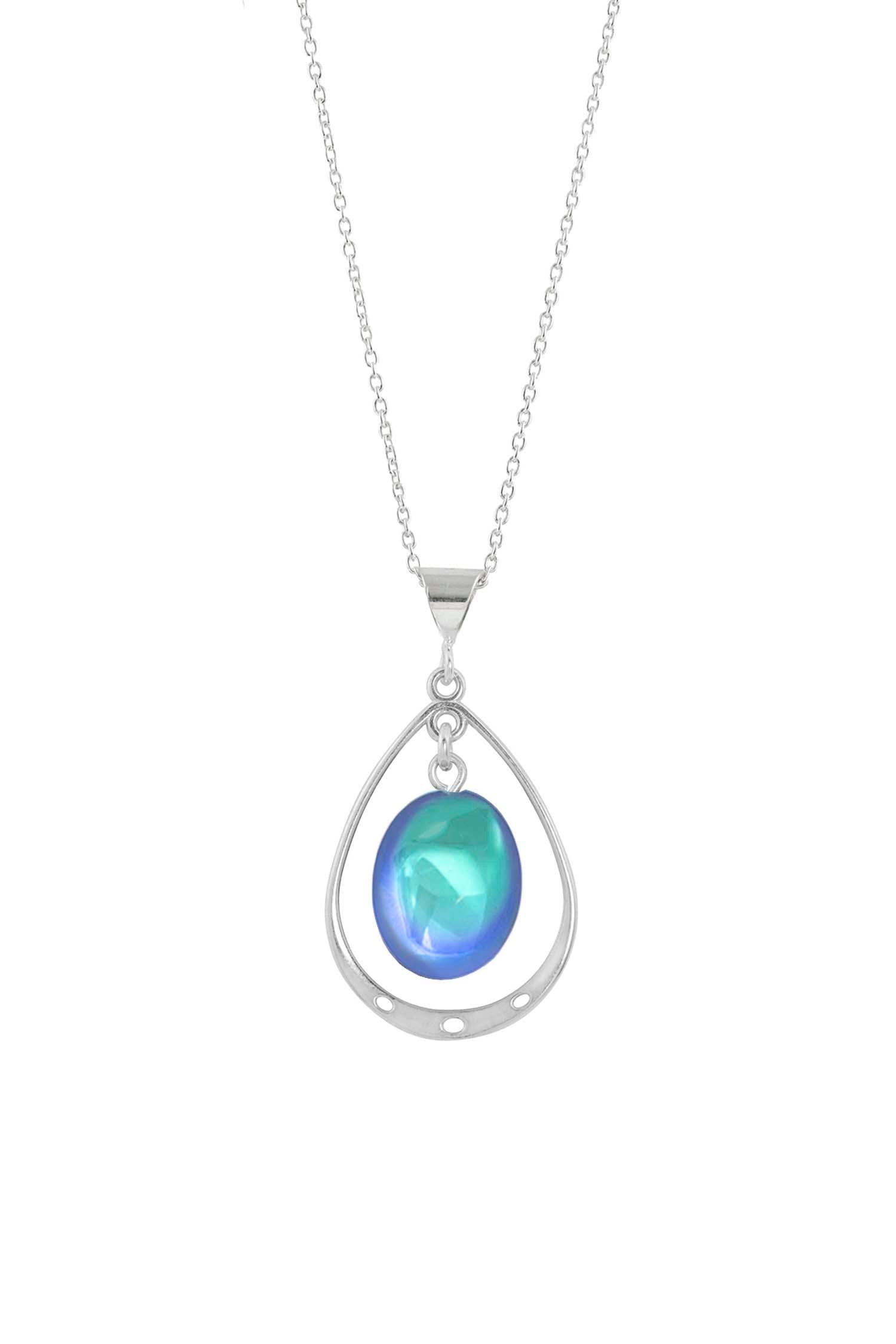 Oval with Loop Pendant handmade pendant pairs beautifully with any outfit, and you’ll love how the  polished aqua crystal oval shines with an iridescent glow of color from within. The pendant comes with an 18" sterling silver .7mm box chain included.