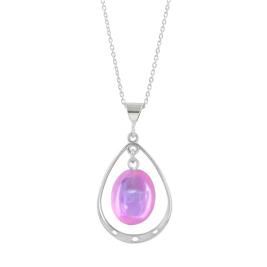 Oval with Loop Pendant handmade pendant pairs beautifully with any outfit, and you’ll love how the  polished pink crystal oval shines with an iridescent glow of color from within. The pendant comes with an 18" sterling silver .7mm box chain included.