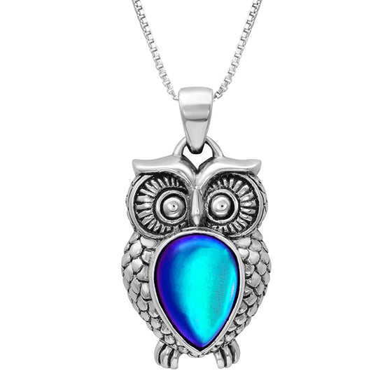 Owl Pendant features a stunning teardrop frosted blue crystal front and center. The pendant comes with an 18" sterling silver .7mm box chain included.