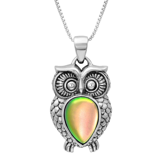 Owl Pendant features a stunning teardrop frosted fire crystal front and center. The pendant comes with an 18" sterling silver .7mm box chain included.