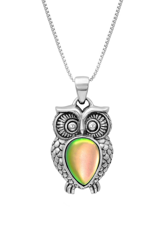 Owl Pendant features a stunning teardrop frosted fire crystal front and center. The pendant comes with an 18" sterling silver .7mm box chain included.