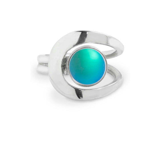 Raima Ring features a design that is not symmetrical, yet beautifully balanced. Crafted from sturdy sterling silver with frosted aqua stone, this ring is adjustable, allowing you to customize the fit starting at size 7.5.