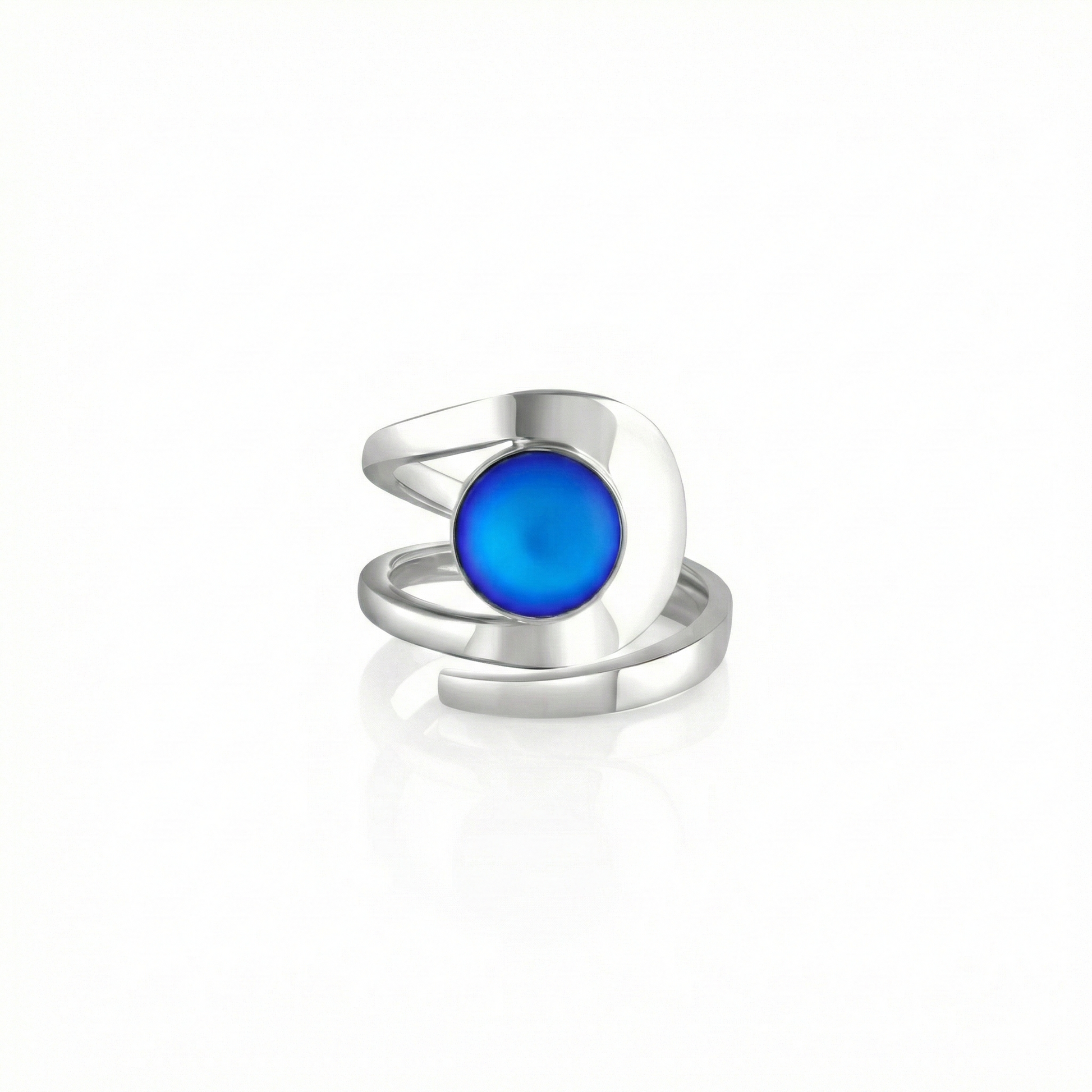 Raima Ring features a design that is not symmetrical, yet beautifully balanced. Its airy and light aesthetic brilliantly showcases the sparkling, frosted blue crystal at its center. Crafted from sturdy sterling silver, this ring is adjustable, allowing you to customize the fit starting at size 7.5.