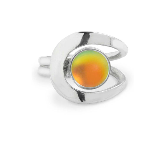 Raima Ring features a design that is not symmetrical, yet beautifully balanced. Crafted from sturdy sterling silver with frosted fire stone, this ring is adjustable, allowing you to customize the fit starting at size 7.5.